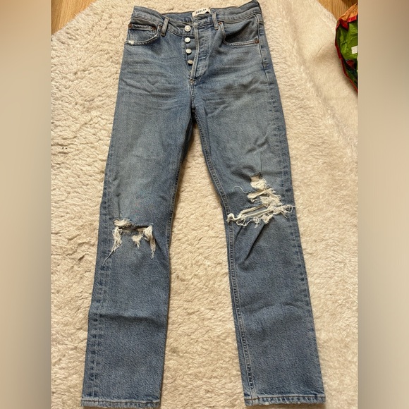Agolde Riley Ripped High Waist Crop Straight Leg Jeans - Picture 2 of 4
